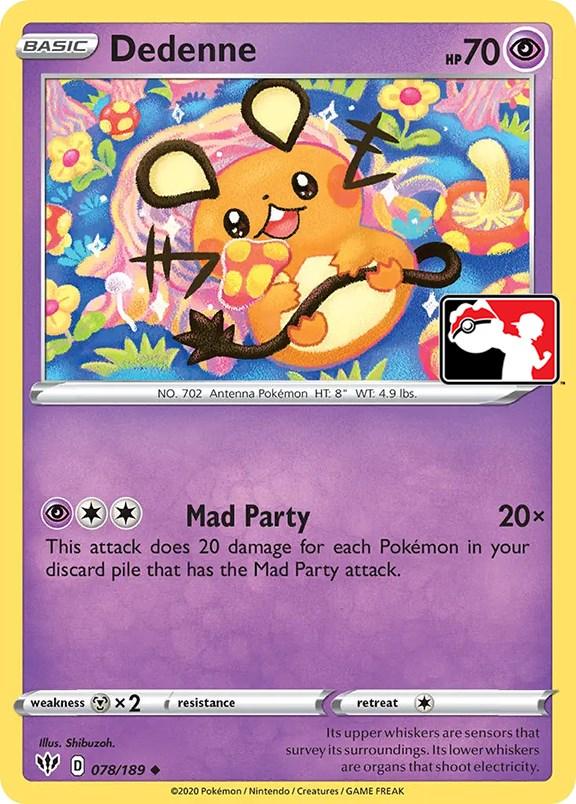 A Pokémon trading card featuring Dedenne (078/189) [Prize Pack Series One]. The card displays an illustration of the small, mouse-like Pokémon with a round body, yellow fur, and oversized ears. This uncommon card showcases the 