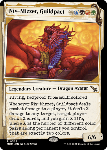 A Magic: The Gathering card featuring "Niv-Mizzet, Guildpact (Showcase) (368) [Murders at Karlov Manor]," a Legendary Creature - Dragon Avatar. The card includes a detailed image of a red dragon with blue and gold accents. Below the dragon, text describes its abilities: flying, hexproof from multicolored spells, combat damage effects, and variable effects based on colors. This mighty creature's power and toughness stand at