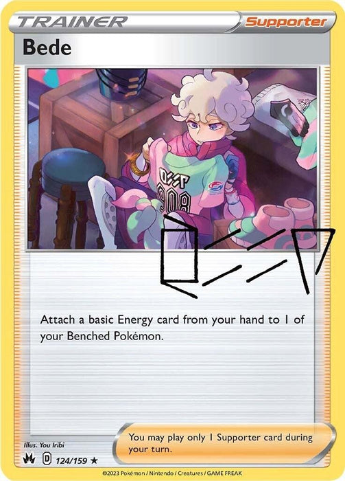A Pokémon card from the Sword & Shield series featuring Trainer Bede, labeled as a Supporter card. Bede is in a cozy room setting with shelves, a desk, and a chair visible. They are holding a pink and white outfit. The Holo Rare text reads: "Attach a basic Energy card from your hand to 1 of your Benched Pokémon." Card number 124/159 is the Bede (124/159) [Sword & Shield: Crown Zenith] by Pokémon.