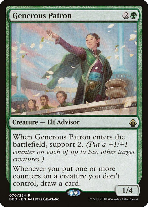 A Magic: The Gathering card titled "Generous Patron [Battlebond]" features an Elf Advisor with outstretched hands, distributing gifts to a crowd. The card costs 2G, has power/toughness 1/4, and abilities: "Support 2" and "Whenever you put counters on a creature you don't control, draw a card.