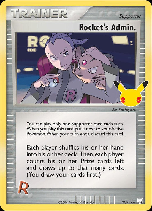 Image of a Pokémon trading card named "Rocket's Admin. (86/109) [Celebrations: 25th Anniversary - Classic Collection]." The card, part of the Pokémon Celebrations: 25th Anniversary Classic Collection, features an illustration of two characters in Team Rocket uniforms, one of whom is pointing forward. As a Supporter card, it instructs both players to shuffle their hands into their decks and draw cards equal to their remaining Prize cards.