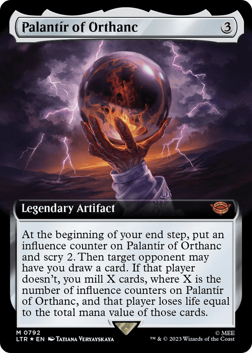 The image showcases the Magic: The Gathering card "Palantir of Orthanc (Extended Art) (Surge Foil) [The Lord of the Rings: Tales of Middle-Earth]," a Legendary Artifact. The card features a dark, glowing orb held by a hand, with lightning and ominous clouds in the background, reminiscent of The Lord of the Rings. It costs 3 generic mana and has detailed text about its abilities. Artwork by Tatiana Veryavskaya.