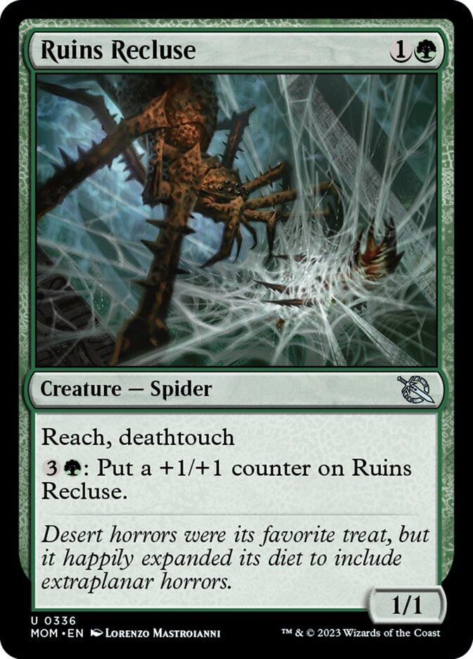 A Magic: The Gathering card titled **Ruins Recluse [March of the Machine]**, an uncommon Creature Spider. It shows a spider on a web with multiple legs and fangs. The card's mana cost is 1 generic and 1 green, endowed with Reach and Deathtouch abilities. The flavor text mentions the spider expanding its diet to include extraplanar horrors.