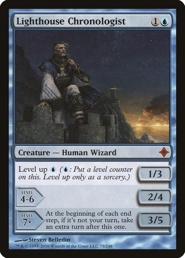 This Mythic Magic: The Gathering card, "Lighthouse Chronologist [Rise of the Eldrazi]," hails from the Rise of the Eldrazi set. It has a blue border and costs 1 blue and 1 generic mana. This Creature — Human Wizard starts as a 1/3, levels up to 2/4, and ultimately reaches 3/5. The art features a wizard in blue robes near