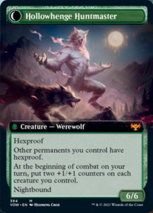 Image of an "Avabruck Caretaker // Hollowhenge Huntmaster (Extended Art) [Innistrad: Crimson Vow]" Magic: The Gathering card. This Mythic Creature — Human Werewolf has hexproof and grants hexproof to other permanents, while boosting creatures with +1/+1 counters at the start of combat. The card's background depicts an eerie, moonlit forest.