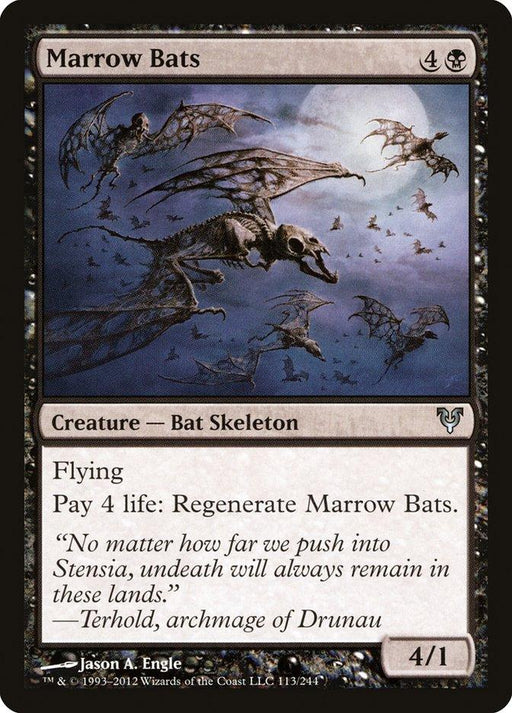 A Magic: The Gathering card from Avacyn Restored titled "Marrow Bats" features skeletal bats flying through a dark, stormy sky. The card costs 4 black mana, is a 4/1 Creature Bat Skeleton with flying, and can regenerate by paying 4 life. Artist: Jason A. Engle.

