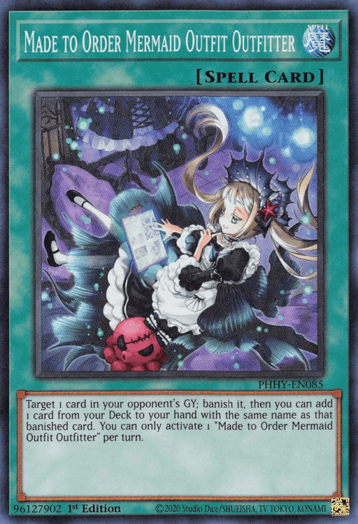 The image shows the "Made to Order Mermaid Outfit Outfitter [PHHY-EN085] Super Rare" Spell Card from the Yu-Gi-Oh! trading card game. It features an anime-style character dressed as a mermaid, holding a clipboard and a blue gem, with various tools floating around her. This Super Rare card's effect text is visible at the bottom.