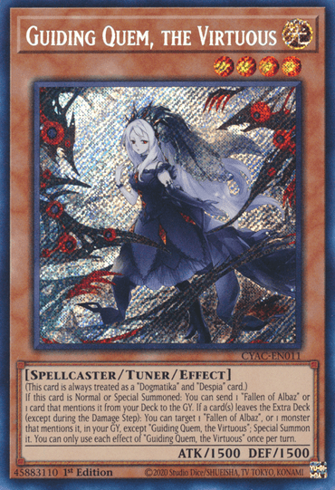 A Yu-Gi-Oh! trading card titled "Guiding Quem, the Virtuous [CYAC-EN011] Secret Rare" from the Cyberstorm Access series. This Secret Rare card depicts a white-haired female figure in intricate armor with a blue glow and runes, against a dark background. It has 1500 attack and 1500 defense points and describes its spellcaster, tuner, and effect qualities.