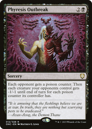 A rare Magic: The Gathering card named "Phyresis Outbreak [Phyrexia: All Will Be One Commander]" features a Sorcery spell where a human splits in half, transforming into a monstrous figure with exposed muscles and claws. The card text describes its effects of distributing poison counters and weakening opponents' creatures. A quote from Azax-Azog, the Demon Thane, appears at the bottom.