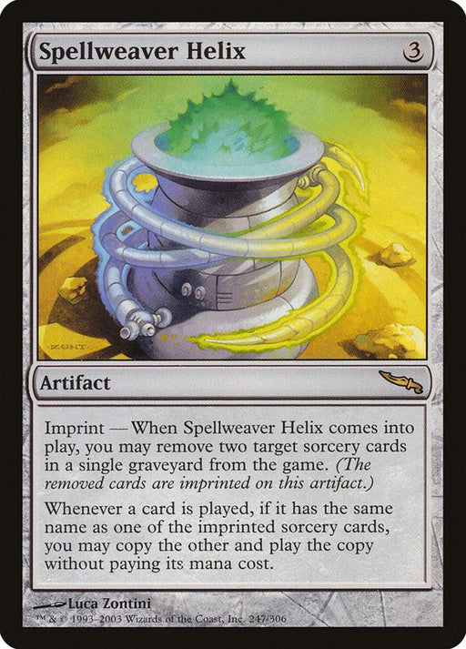 The image showcases a Magic: The Gathering card titled "Spellweaver Helix [Mirrodin]." This artifact card, costing three mana, possesses abilities associated with imprinting and replicating sorcery cards. The illustration displays a glowing green crystal encircled by swirling helices on a metallic pedestal, all set against a yellow backdrop.