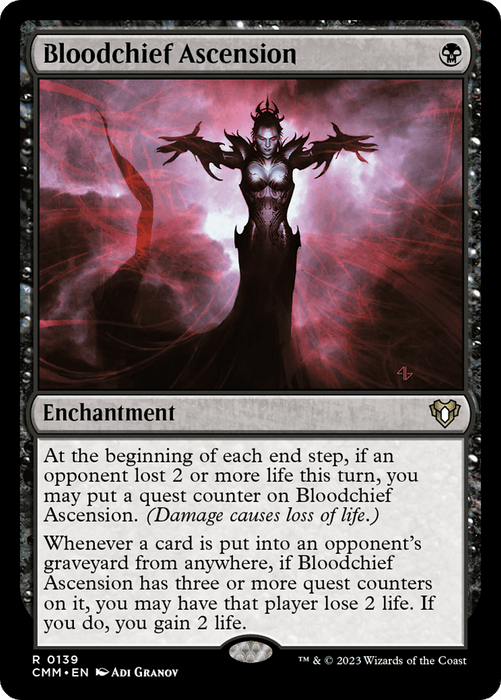 A Magic: The Gathering card from the Commander Masters series features Bloodchief Ascension [Commander Masters], an Enchantment. The artwork depicts a shadowy, sinister figure with dark, metallic armor and glowing red eyes surrounded by dark red and black misty energy. The card has a black border and detailed game rules text.