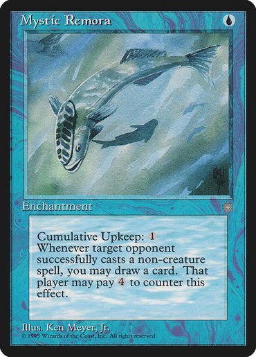 A Magic: The Gathering product titled "Mystic Remora [Ice Age]". It has a blue border and features artwork of a ghostly fish swimming underwater. This enchantment reads: "Cumulative Upkeep: 1. Whenever target opponent successfully casts a non-creature spell, you may draw a card. That player may pay 4 to counter this effect." The card was