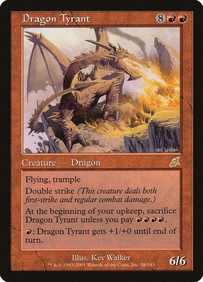 The "Dragon Tyrant [Scourge]" trading card from Magic: The Gathering features a large, menacing dragon with a red border, depicted breathing fire in a fiery setting. This Rare card's text highlights its abilities: flying, trample, double strike, upkeep sacrifice unless paid, and a power boost for red mana. This Creature — Dragon has an impressive power/toughness of 6/6.