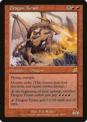 The "Dragon Tyrant [Scourge]" trading card from Magic: The Gathering features a large, menacing dragon with a red border, depicted breathing fire in a fiery setting. This Rare card's text highlights its abilities: flying, trample, double strike, upkeep sacrifice unless paid, and a power boost for red mana. This Creature — Dragon has an impressive power/toughness of 6/6.