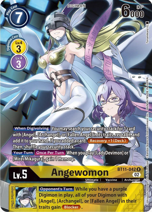 The image is of a Digimon card from the Dimensional Phase set, featuring Angewomon [BT11-042] (Alternate Art). Angewomon is depicted as a humanoid Archangel with angelic armor, wings, and long hair. The card details her abilities and attributes, including DP (6000), level (Lv.5), type (Vaccine), play cost, and abilities text.