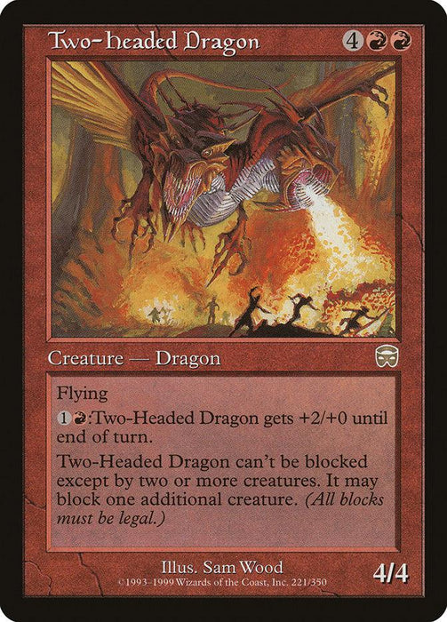 A Magic: The Gathering product from the Mercadian Masques set, titled "Two-Headed Dragon [Mercadian Masques]." It costs 4 colorless and 2 red mana. This Creature — Dragon has flying and abilities like paying 1 red mana to give +2/+0 until end of turn, and it can't be blocked except by 2 or more creatures. It has a 4/4 power.