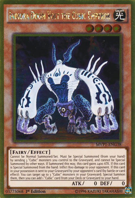 A "Yu-Gi-Oh!" trading card titled "Indiora Doom Volt the Cubic Emperor [MVP1-ENG38] Gold Rare" from The Dark Side of Dimensions Gold Edition. It features a white, multi-armed creature with blue markings, seated on a cubic structure. Belonging to the Cubic monsters family, this FAIRY/EFFECT card has ATK 0 and DEF 0.