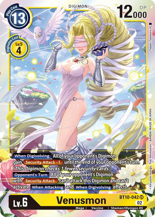 A Super Rare Digimon card, Venusmon [BT10-042] [Xros Encounter], features Venusmon, a Level 6 Digimon with a Play Cost of 13, an Evolution Cost of 4, and 12,000 DP. The card details Venusmon’s effects when Digivolved. Adorned in flowing white and gold garments with long blonde hair and a serene expression.