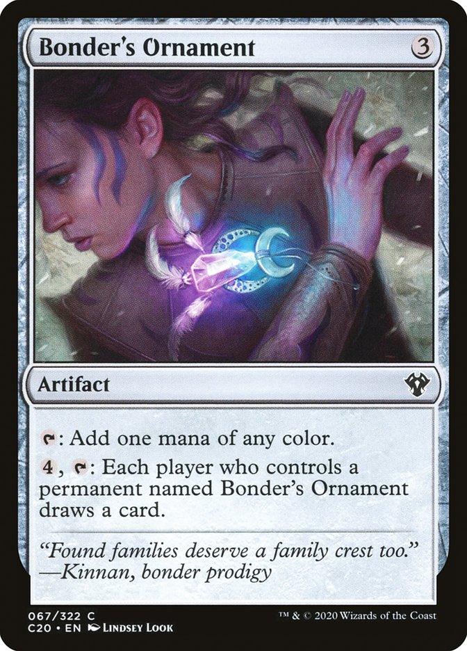 The Magic: The Gathering card called "Bonder's Ornament" from the Commander 2020 set depicts a person with a purple aura holding a glowing, intricate object. This artifact card, illustrated by Lindsey Look and numbered 67/322 in the C20 set, costs 3 mana and grants the user the ability to add one mana of any color or draw a card.