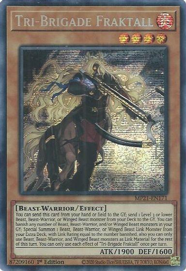 A Yu-Gi-Oh! trading card titled "Tri-Brigade Fraktall [MP21-EN171] Prismatic Secret Rare" from the 2021 Tin of Ancient Battles. This Prismatic Secret Rare features a fierce beast-warrior wielding a glowing sword, accompanied by a large eagle-like creature. The Beast-Warrior/Effect card boasts ATK 1900 and DEF 1600, set against a dynamic, swirling