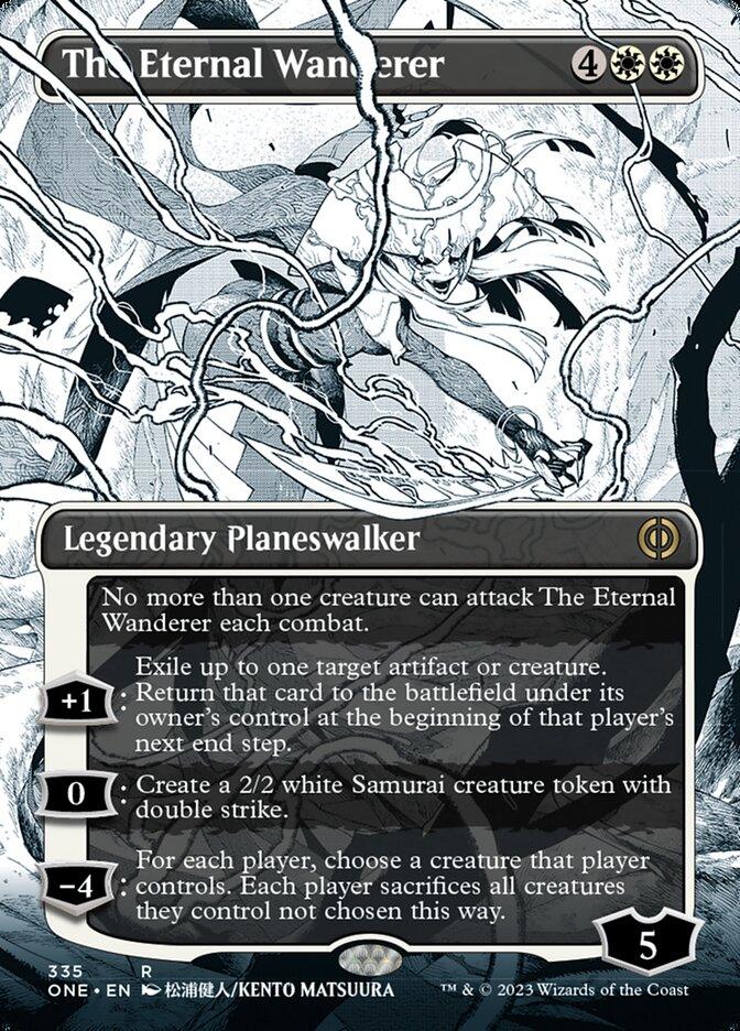 A Magic: The Gathering card titled "The Eternal Wanderer (Borderless Manga) [Phyrexia: All Will Be One]," featured in Phyrexia: All Will Be One. It showcases detailed art of a figure in white with flowing garments and a sword. As a Mythic Rarity Legendary Planeswalker, it boasts abilities like exiling creatures, creating Samurai tokens, and forcing sacrifices.