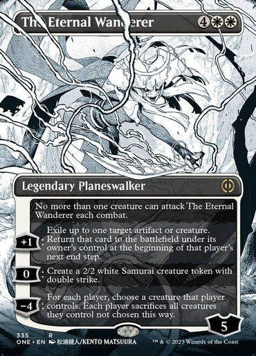 A Magic: The Gathering card titled "The Eternal Wanderer (Borderless Manga) [Phyrexia: All Will Be One]," featured in Phyrexia: All Will Be One. It showcases detailed art of a figure in white with flowing garments and a sword. As a Mythic Rarity Legendary Planeswalker, it boasts abilities like exiling creatures, creating Samurai tokens, and forcing sacrifices.