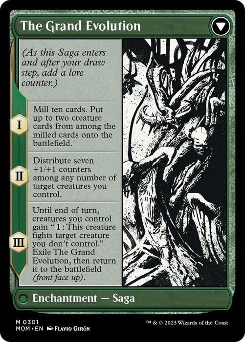 A Magic: The Gathering card named "Vorinclex // The Grand Evolution (Showcase Planar Booster Fun) [March of the Machine]" from Magic: The Gathering's March of the Machine set. It features three stages with illustrations and descriptions of effects: milling ten cards; creating tokens and distributing +1/+1 counters; and temporary control effects, all under the influence of Vorinclex, a legendary Phyrexian Praetor.