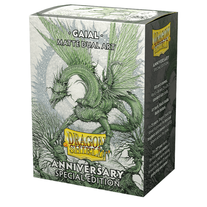 A matte dual art card sleeve box with a green dragon, featuring the branding "Arcane Tinmen," the word "Dragon Shield: Standard 100ct Sleeves - Special Anniversary - Gaial (Dual Matte)" at the top, and labeled "Anniversary Special Edition" at the bottom. The box, ideal for TCG cards, showcases intricate artwork with the dragon in various poses and small text details on the side.