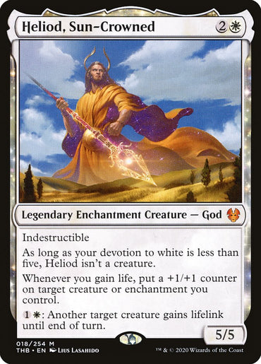 A Magic: The Gathering card, Heliod, Sun-Crowned [Theros Beyond Death], depicts a radiant, golden-armored god holding a spear on a mountain. The sunset sky is vivid behind him. This mythic Legendary Enchantment Creature has abilities: indestructible, gaining +1/+1 counters, and granting lifelink. Power and toughness are 5/5.