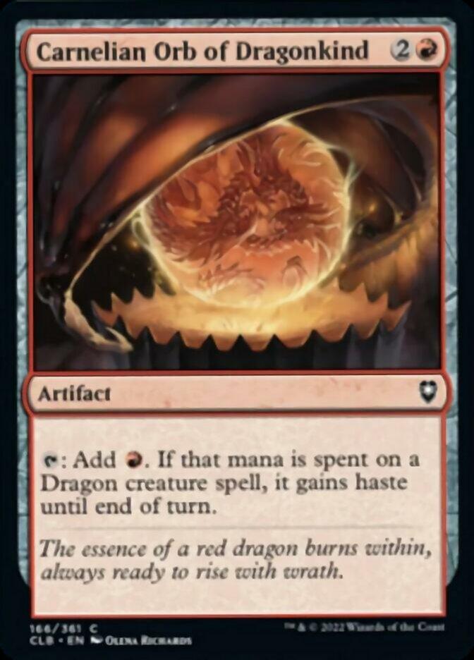 A Magic: The Gathering card named Carnelian Orb of Dragonkind [Commander Legends: Battle for Baldur's Gate] from Magic: The Gathering. The card's border is red with a casting cost of two generic mana and one red mana. The artwork depicts a glowing red orb with the image of a dragon inside, detailing its artifact abilities and flavor text.