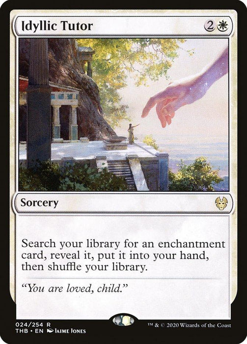 An Idyllic Tutor [Theros Beyond Death] card from Magic: The Gathering. It has a cost of 2 colorless and 1 white mana. The artwork shows a large hand in the sky reaching towards a robed figure standing on stone steps near a grand building surrounded by greenery. The text box provides card details and flavor text for this enchantment card.