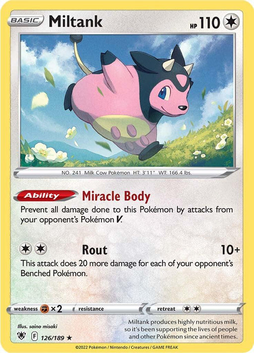 A Pokémon Miltank (126/189) [Sword & Shield: Astral Radiance] from the Astral Radiance series featuring Miltank, a pink, cow-like creature with black patterns and a cheerful expression. This Holo Rare card showcases Miltank's abilities: "Miracle Body," which prevents damage from V Pokémon, and "Rout," dealing damage based on the opponent's Benched Pokémon.