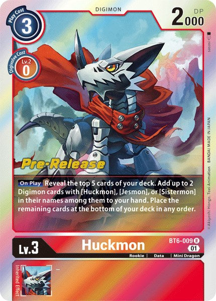 The image displays a unique Digimon card from the Double Diamond Pre-Release collection, featuring Huckmon. With a play cost of 3, level 3, and 2000 DP, this Mini Dragon boasts a metal snout, red cape, and horn. The card also includes game instructions and is labeled as 