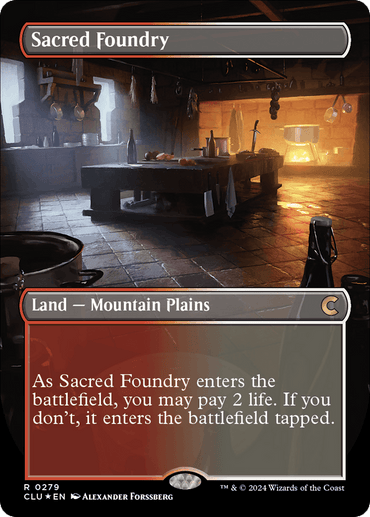 The "Sacred Foundry (Borderless) [Ravnica: Clue Edition]" Magic: The Gathering card from Ravnica: Clue Edition depicts a rustic, dimly-lit forge with various tools and materials scattered around. The rare land card's text reads, "As Sacred Foundry enters the battlefield, you may pay 2 life. If you don’t, it enters the battlefield tapped.