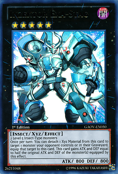 A Yu-Gi-Oh! trading card featuring "Inzektor Exa-Stag [GAOV-EN050] Ultra Rare," an insect-themed armored warrior holding a glowing weapon. This Galactic Overlord Xyz/Effect Monster boasts 6 stars, Dark attributes, and stats of 800 ATK and DEF. As an Ultra Rare card, its effect involves detaching materials to target an opponent's monster.