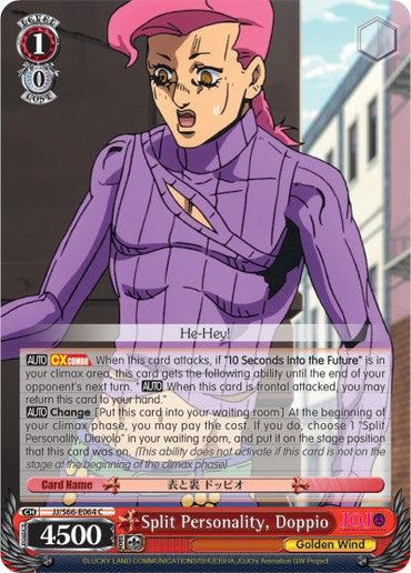 A Split Personality, Doppio (JJ/S66-E064 C) [JoJo's Bizarre Adventure: Golden Wind] from Bushiroad, featuring Doppio. Doppio has pink hair, a yellow top, and a shocked expression. Various descriptions and abilities of the card are printed on it.