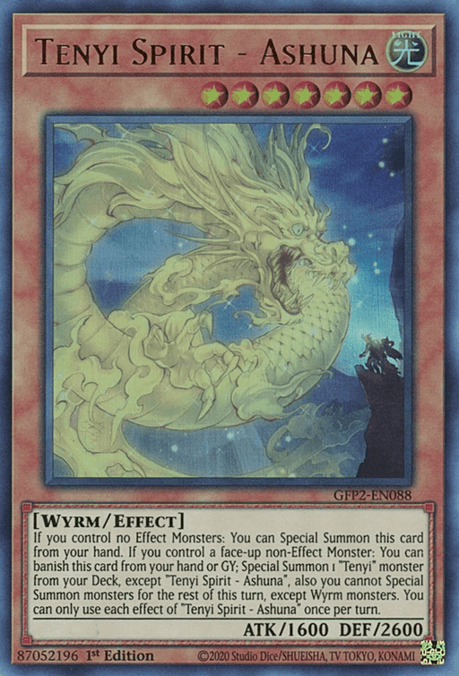 A Yu-Gi-Oh! trading card titled "Tenyi Spirit - Ashuna [GFP2-EN088] Ultra Rare" is an Ultra Rare Effect Monster. The card features a mystical dragon-like creature composed of glowing, ethereal light against a dark background. With 1600 ATK and 2600 DEF, its text details its abilities and summoning conditions.