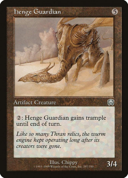 A Magic: The Gathering card titled "Henge Guardian [Mercadian Masques]" from the Magic: The Gathering set. This Artifact Creature features a mechanical, skeletal creature with a long neck and multiple legs. The card text reads: “2: Henge Guardian gains trample until end of turn.” Its power and toughness are 3/4.
