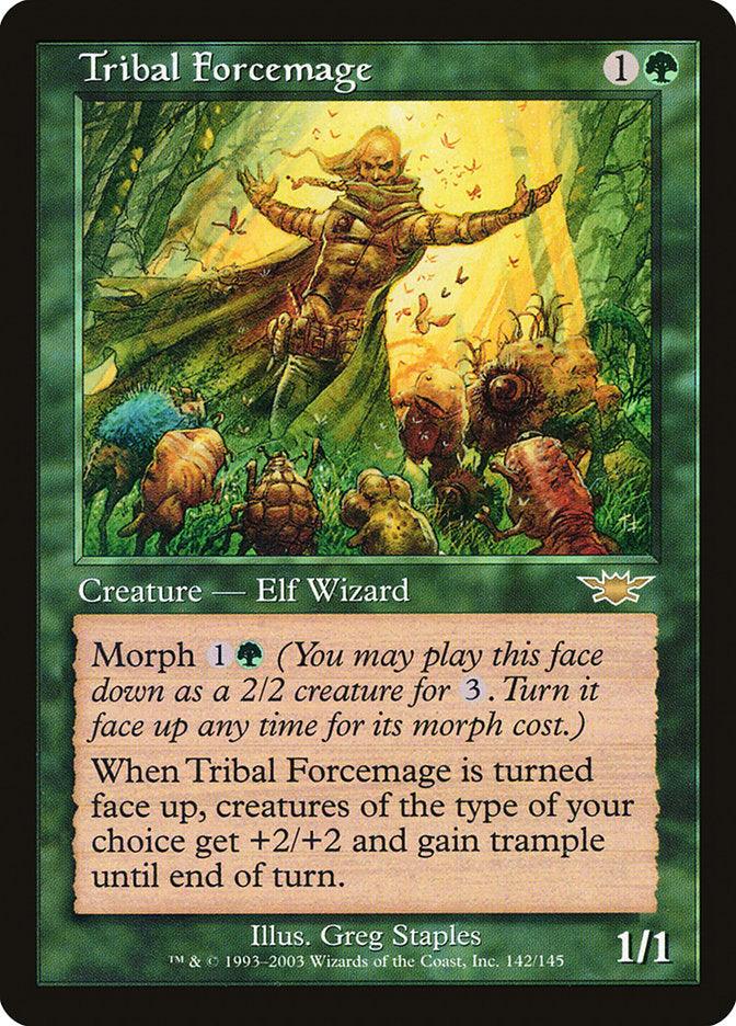 The image displays a "Tribal Forcemage [Legions]" Magic: The Gathering card. It features an elf wizard in a forest, casting a spell and surrounded by various creatures. The card has a green border and provides details about the creature's abilities, including morphing and granting bonuses to other creatures.