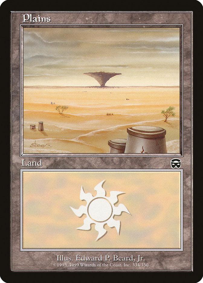 A trading card from Magic: The Gathering. It depicts a desert landscape with scattered pottery and a large, spiraling structure in the background. This Plains (334) [Mercadian Masques] card, categorized under 