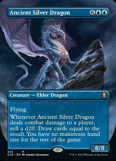 A Magic: The Gathering card titled "Ancient Silver Dragon (Borderless Alternate Art)" from Commander Legends: Battle for Baldur's Gate. Costing 6 generic mana and 2 blue mana, it features a flying Elder Dragon. When it deals combat damage to a player, roll a d20 and draw cards equal to the result; you have no maximum hand size for the rest of the game. This mythic