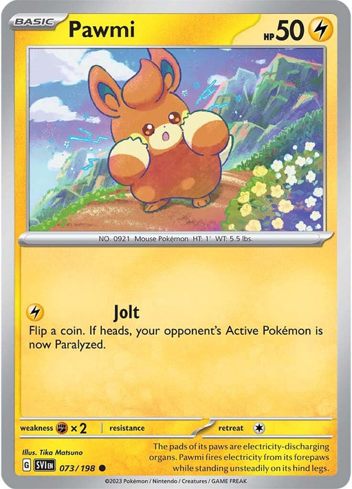 Here is an image of the Pokémon trading card, Pawmi (073/198) from the Pokémon Scarlet & Violet: Base Set. The card features a vivid illustration of Pawmi, an orange mouse Pokémon with yellow cheeks and a tuft of brown fur on its head, standing in a grassy field. It has 50 HP, displays the electric type symbol, and includes the attack "Jolt," which has the potential to paralyze its opponent.