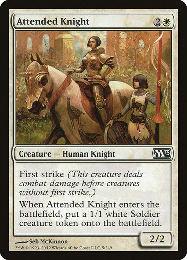 The image depicts a Magic: The Gathering card named "Attended Knight" from the Magic 2013 set. The card illustration features a Human Knight in armor riding a horse and wielding a sword, accompanied by an attendant holding a shield. Key attributes of the card include "First strike," generating a 1/1 white Soldier token, and stats of 2/2.