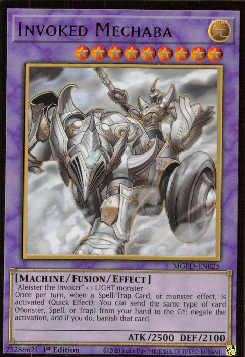 A Yu-Gi-Oh! card titled "Invoked Mechaba [MGED-EN025] Gold Rare" from Maximum Gold: El Dorado. It depicts a futuristic, white-armored mechanical warrior wielding a spear and shield. As a Fusion/Effect Monster with 2500 ATK and 2100 DEF, its detailed text outlines its summoning conditions and ability to negate and banish cards. The purple-bordered Gold