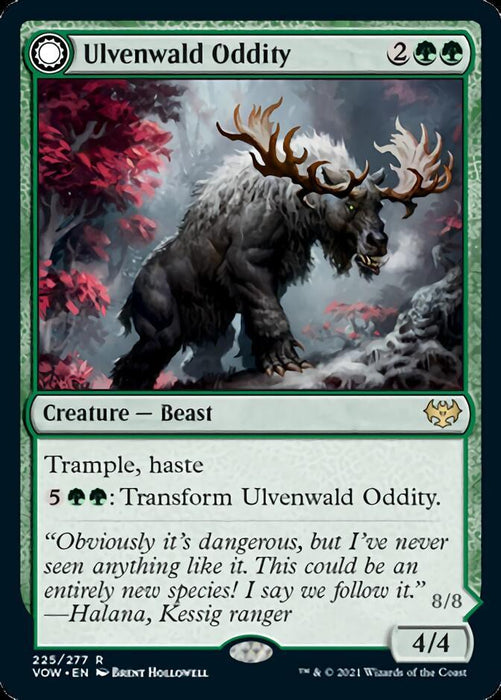 A Magic: The Gathering card titled "Ulvenwald Oddity // Ulvenwald Behemoth [Innistrad: Crimson Vow]" from Magic: The Gathering, depicting a large Beast Horror with antlers, green energy, and glowing eyes. It has Trample and Haste, requiring 2 green and 2 generic mana. Credits to artist Brent Hollowell for this ferocious masterpiece.