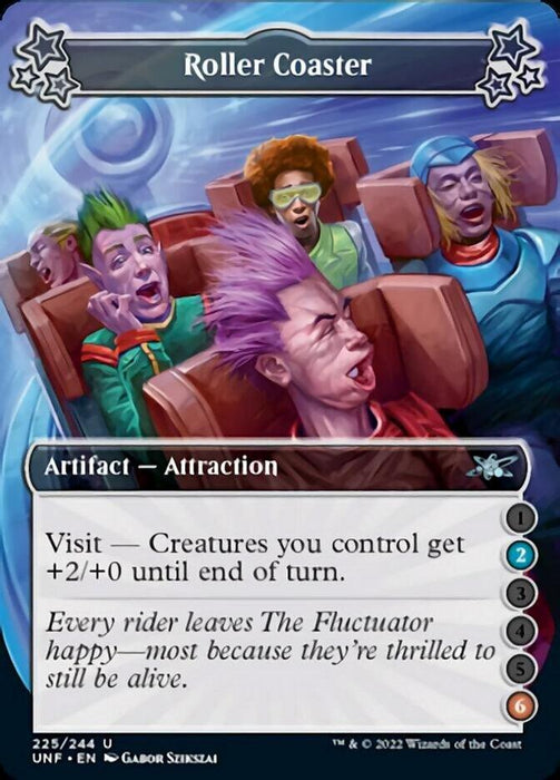 An illustrated card titled "Roller Coaster" shows four passengers with colorful, exaggerated expressions and hairstyles riding an Unfinity-themed roller coaster. The artifact card features game attributes: Visit (1), 2 (blue), 3 (black), 4 (red), 5 (green), and 6. The flavor text reads: "Every rider leaves The Fluctuator happy—most because they survived." Product Name: Roller Coaster (2-6) [Unfinity] Brand Name: Magic: The Gathering