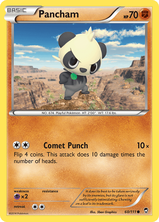 A Pokémon trading card featuring Pancham, a small panda-like creature with a leaf in its mouth. Pancham stands confidently in a mountainous background. The card lists Pancham as a Basic Fighting Pokémon with 70 HP. Its attack, Comet Punch, involves flipping four coins. From the Furious Fists set and illustrated by 5ban Graphics, this is the **Pancham (60/111) [XY: Furious Fists]** by **Pokémon**.