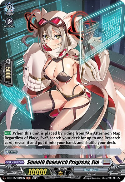 The trading card "Smooth Research Progress, Eva (D-BT05/H19EN) [Triumphant Return of the Brave Heroes]" by Bushiroad features a young woman with long, silver hair, dressed in a futuristic outfit accented with white, red, and black. She is equipped with gloves and a headset while virtual screens surround her like a holo display. This card includes various stats and descriptions.