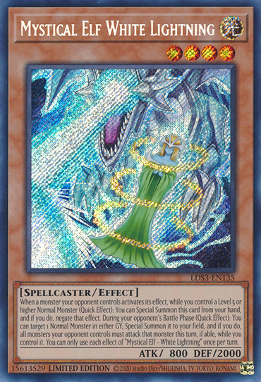 The Yu-Gi-Oh! card "Mystical Elf White Lightning" [LDS3-EN135] is a Secret Rare featuring an Effect Monster elf in a green robe casting a spell before a blue dragon, with ATK 800 and DEF 2000.