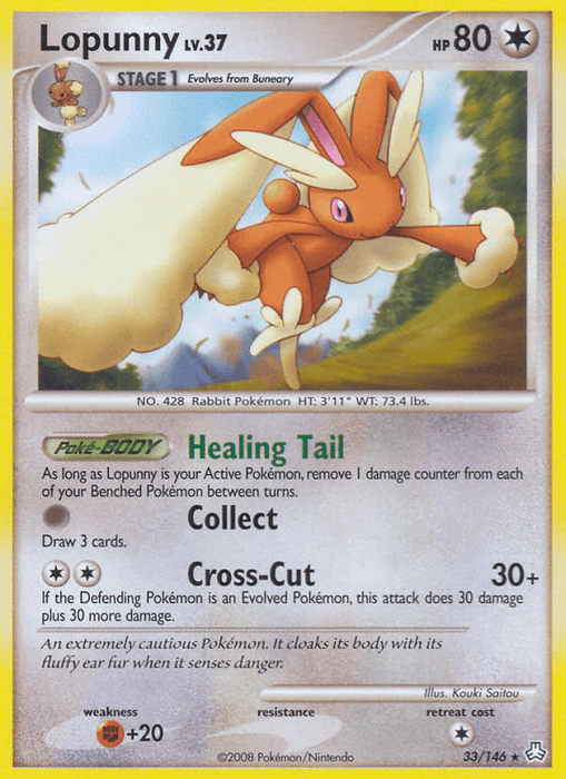 The image is a rare Pokémon trading card of Lopunny (33/146) [Diamond & Pearl: Legends Awakened] from the Pokémon set. This Stage 1 card evolves from Buneary and shows Lopunny in mid-jump with a dynamic pose. It features level 37, 80 HP, and attacks like Healing Tail, Collect, and Cross-Cut. The bottom left corner displays its weaknesses, resistance, and